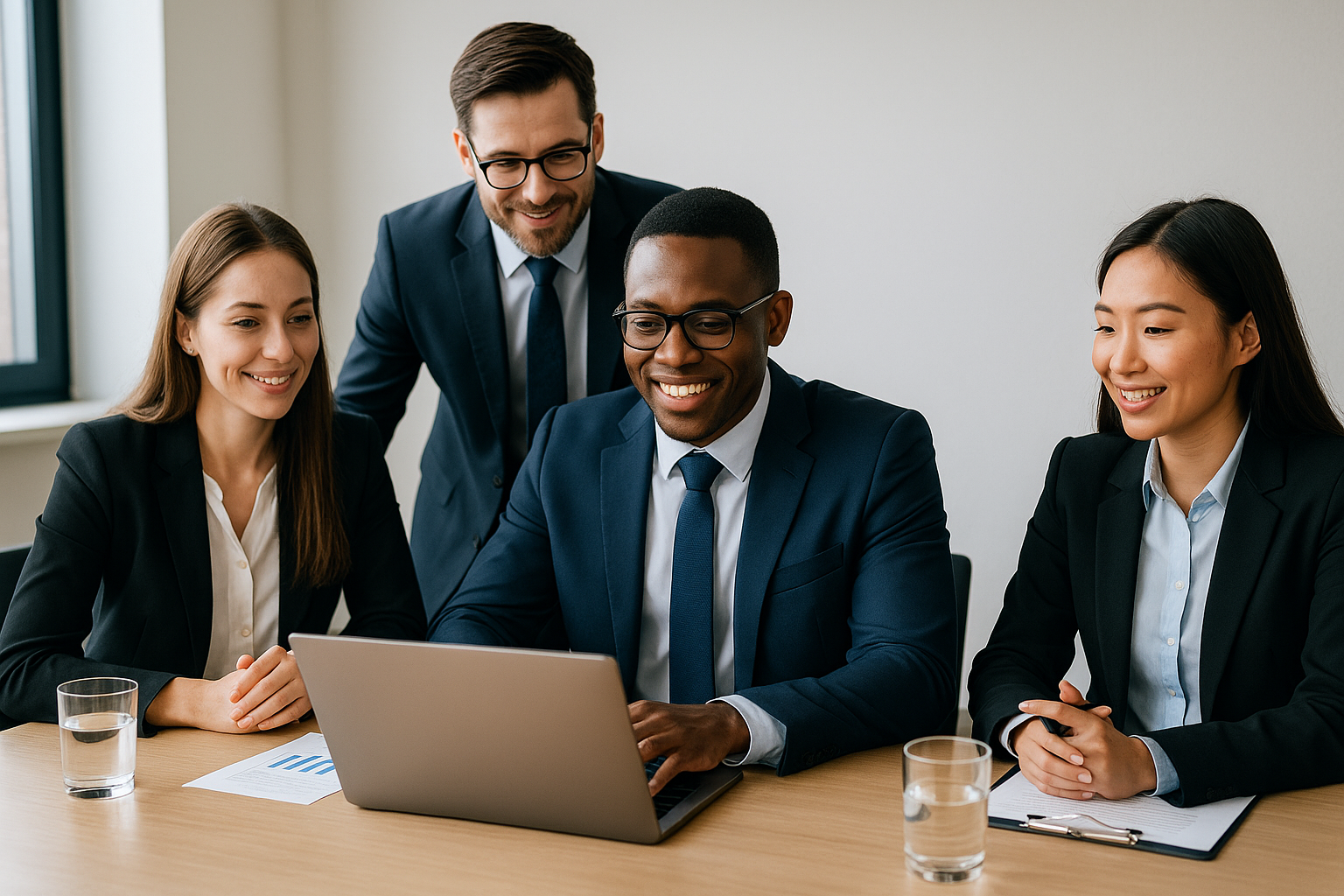 Four diverse business professionals collaborating around a laptop in a bright modern office